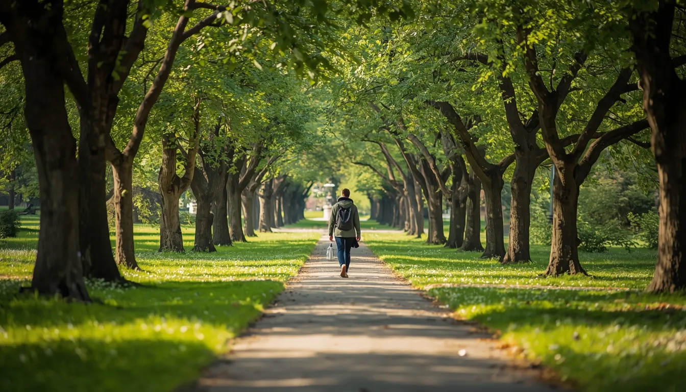 Person enjoying a peaceful walk through a green park with trees and natural pathway