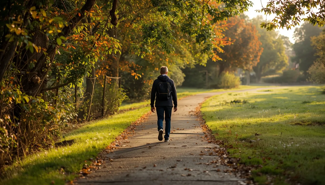 Person taking a refreshing morning walk along a scenic pathway with soft morning light